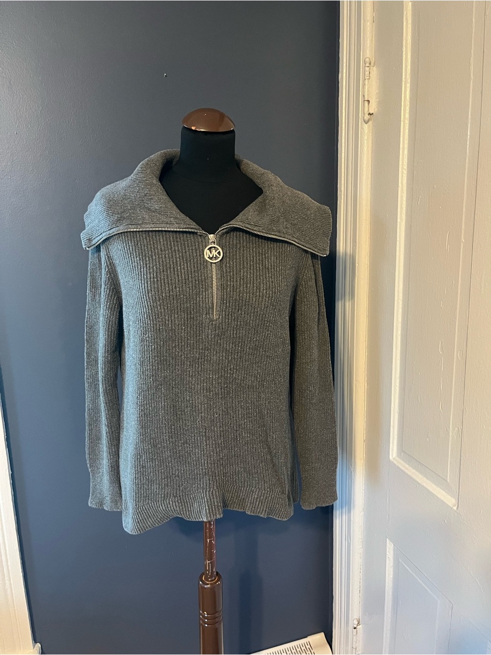 Michael Kors Gray Zip Front Ribbed Sweater M